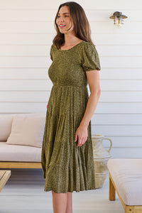 Caroline Khaki Speckled Print Shirred Tiered Dress