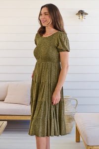 Caroline Khaki Speckled Print Shirred Tiered Dress