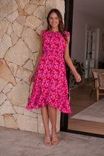 Load image into Gallery viewer, Wesley Bright Pink Shirred Waist Frill Sleeve Dress