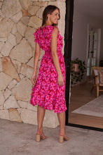 Load image into Gallery viewer, Wesley Bright Pink Shirred Waist Frill Sleeve Dress