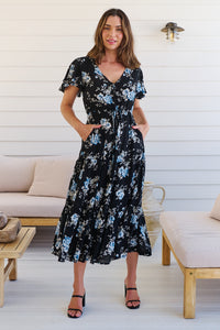 Saskia Black/Blue Floral Print Cap Sleeve Midi Dress