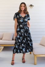 Load image into Gallery viewer, Saskia Black/Blue Floral Print Cap Sleeve Midi Dress