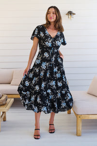 Saskia Black/Blue Floral Print Cap Sleeve Midi Dress