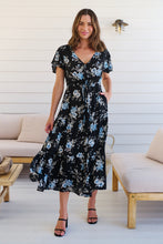 Load image into Gallery viewer, Saskia Black/Blue Floral Print Cap Sleeve Midi Dress