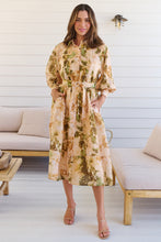 Load image into Gallery viewer, Solange Collared Tie Waist Green/Peach Midi Dress