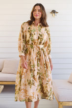 Load image into Gallery viewer, Solange Collared Tie Waist Green/Peach Midi Dress