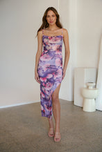 Load image into Gallery viewer, Lilliana Purple Print Rouged Mesh Dress