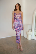 Load image into Gallery viewer, Lilliana Purple Print Rouged Mesh Dress