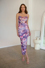 Load image into Gallery viewer, Lilliana Purple Print Rouged Mesh Dress