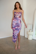 Load image into Gallery viewer, Lilliana Purple Print Rouged Mesh Dress