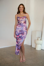 Load image into Gallery viewer, Lilliana Purple Print Rouged Mesh Dress