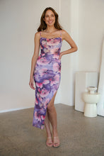 Load image into Gallery viewer, Lilliana Purple Print Rouged Mesh Dress