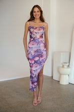 Load image into Gallery viewer, Lilliana Purple Print Rouged Mesh Dress