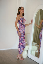 Load image into Gallery viewer, Lilliana Purple Print Rouged Mesh Dress