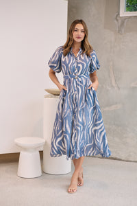 Liana Navy Blue Cream Print Puff Sleeve Button Front Midi Dress