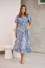 Load image into Gallery viewer, Liana Navy Blue Cream Print Puff Sleeve Button Front Midi Dress