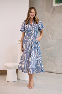 Liana Navy Blue Cream Print Puff Sleeve Button Front Midi Dress