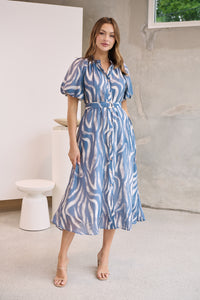 Liana Navy Blue Cream Print Puff Sleeve Button Front Midi Dress