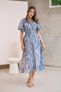 Liana Navy Blue Cream Print Puff Sleeve Button Front Midi Dress