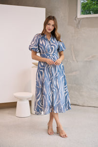 Liana Navy Blue Cream Print Puff Sleeve Button Front Midi Dress