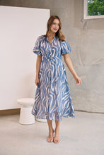 Load image into Gallery viewer, Liana Navy Blue Cream Print Puff Sleeve Button Front Midi Dress