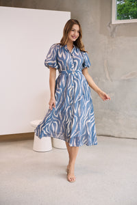 Liana Navy Blue Cream Print Puff Sleeve Button Front Midi Dress