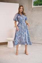 Load image into Gallery viewer, Liana Navy Blue Cream Print Puff Sleeve Button Front Midi Dress