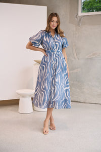 Liana Navy Blue Cream Print Puff Sleeve Button Front Midi Dress