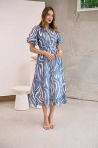 Liana Navy Blue Cream Print Puff Sleeve Button Front Midi Dress