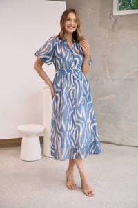 Liana Navy Blue Cream Print Puff Sleeve Button Front Midi Dress