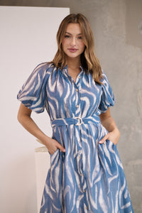 Liana Navy Blue Cream Print Puff Sleeve Button Front Midi Dress