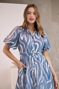 Liana Navy Blue Cream Print Puff Sleeve Button Front Midi Dress