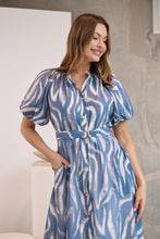 Load image into Gallery viewer, Liana Navy Blue Cream Print Puff Sleeve Button Front Midi Dress