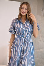 Load image into Gallery viewer, Liana Navy Blue Cream Print Puff Sleeve Button Front Midi Dress