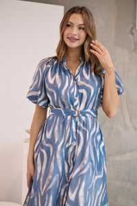 Liana Navy Blue Cream Print Puff Sleeve Button Front Midi Dress