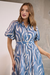 Liana Navy Blue Cream Print Puff Sleeve Button Front Midi Dress