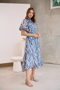 Liana Navy Blue Cream Print Puff Sleeve Button Front Midi Dress