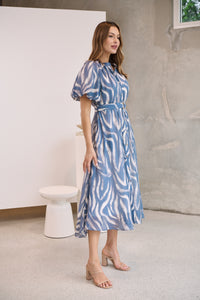 Liana Navy Blue Cream Print Puff Sleeve Button Front Midi Dress