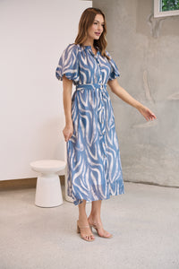 Liana Navy Blue Cream Print Puff Sleeve Button Front Midi Dress