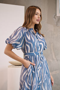 Liana Navy Blue Cream Print Puff Sleeve Button Front Midi Dress