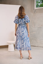 Load image into Gallery viewer, Liana Navy Blue Cream Print Puff Sleeve Button Front Midi Dress