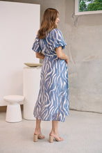 Load image into Gallery viewer, Liana Navy Blue Cream Print Puff Sleeve Button Front Midi Dress