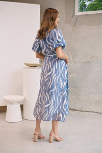 Liana Navy Blue Cream Print Puff Sleeve Button Front Midi Dress