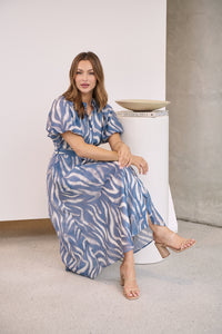 Liana Navy Blue Cream Print Puff Sleeve Button Front Midi Dress