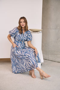 Liana Navy Blue Cream Print Puff Sleeve Button Front Midi Dress