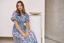 Load image into Gallery viewer, Liana Navy Blue Cream Print Puff Sleeve Button Front Midi Dress