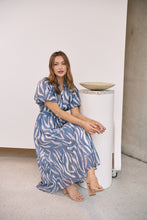 Load image into Gallery viewer, Liana Navy Blue Cream Print Puff Sleeve Button Front Midi Dress