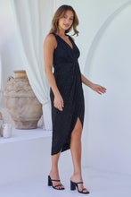 Load image into Gallery viewer, Brianna Black Shimmer Crossover Evening Dress