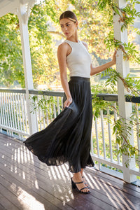 Lucy Pleated Black Satin Skirt