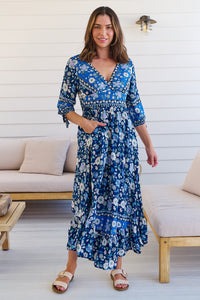 Willow Tie Sleeve Navy/Cobalt Blue Floral Print Maxi Dress